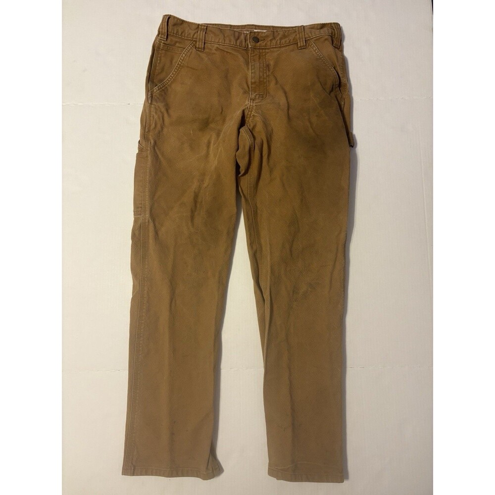 Distressed Carhartt Men's Relaxed Fit Brown Canvas Cotton Work Pants 34x32